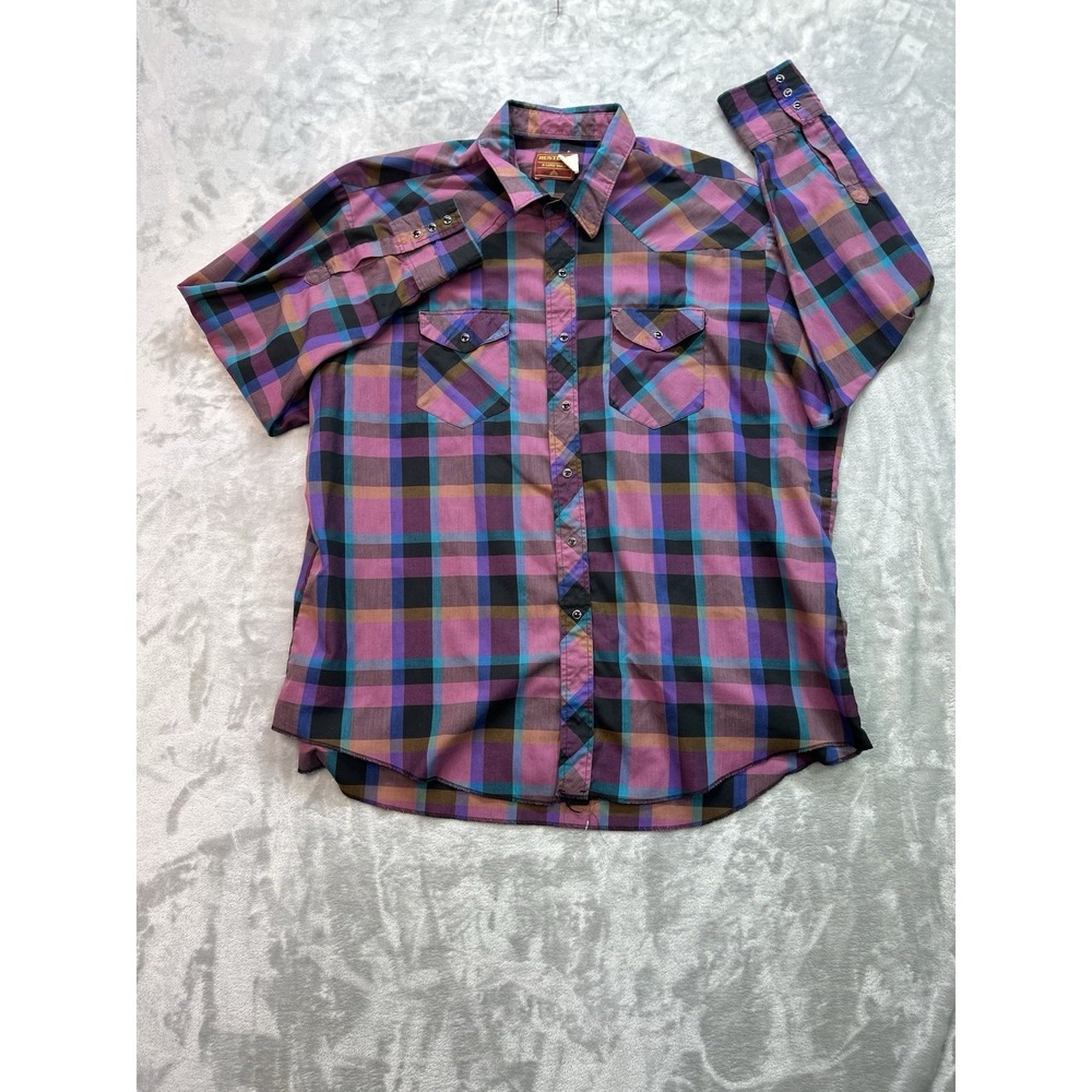 VINTAGE Rustler Western Shirt Men 19 34-35 X Long Tails Plaid Pearl Snap USA XXL
